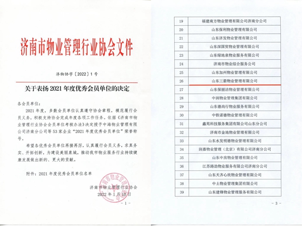 雙倍榮譽！山東三箭物業管理有限公司榮獲物業協會 “年度優秀會員單位”